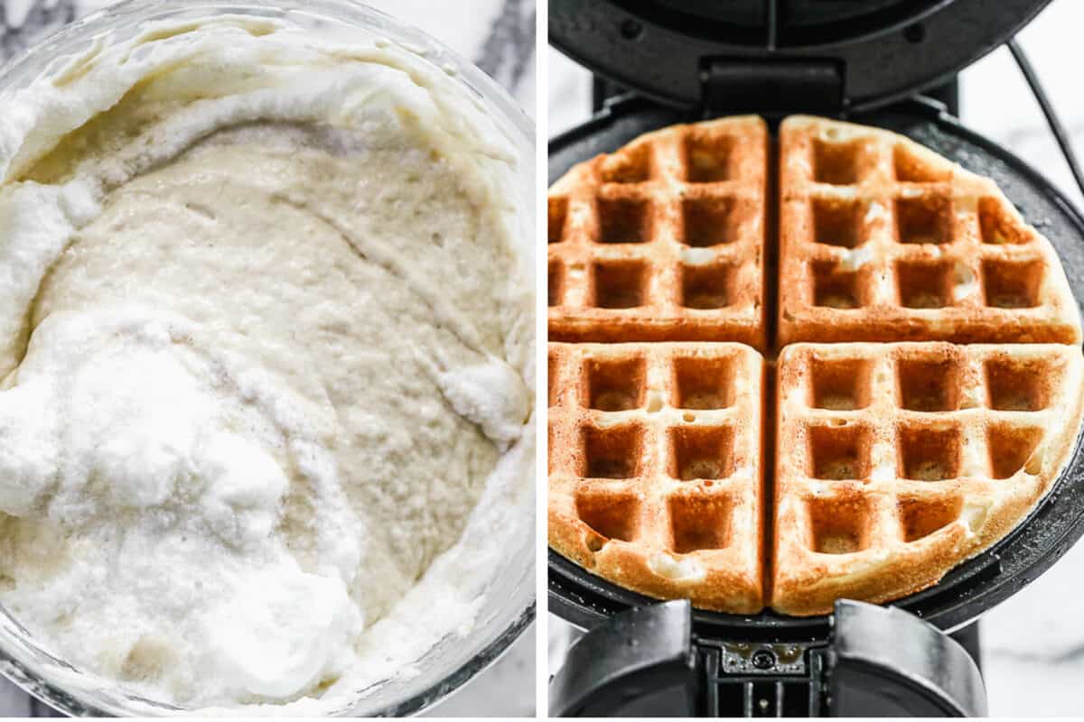 Two images showing stiff egg whites being folded into a yeasted belgian waffle batter, then after a waffle is cooked in a waffle iron.