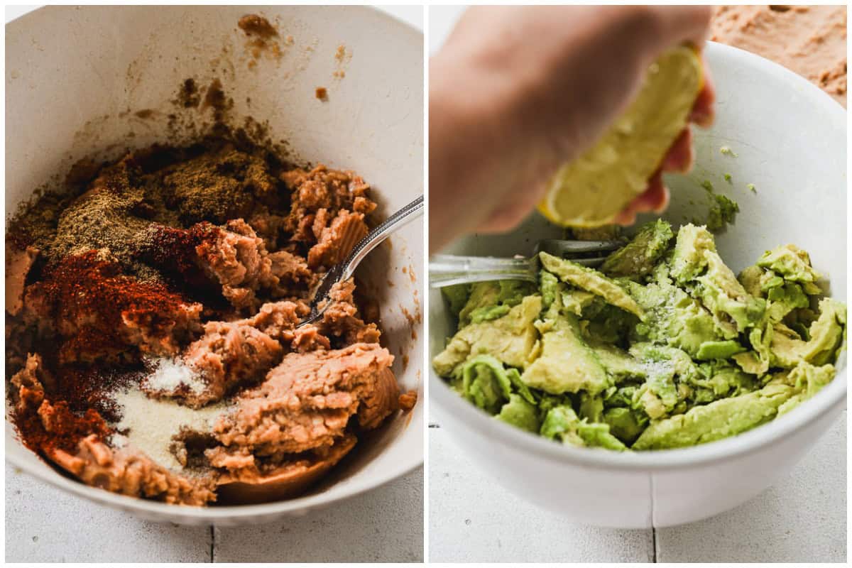 Two images showing seasoning being added to refried beans, and a lemon being squeezed on top of a bowl of mashed avocado.