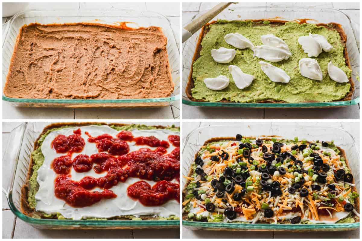 Four images showing a 7 layer dip recipe being layered.