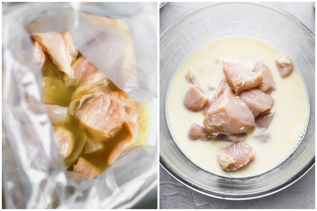 Two images showing how to marinate pieces of chicken and then dip in a milk and egg mixture to make an air fryer chicken nuggets recipe.