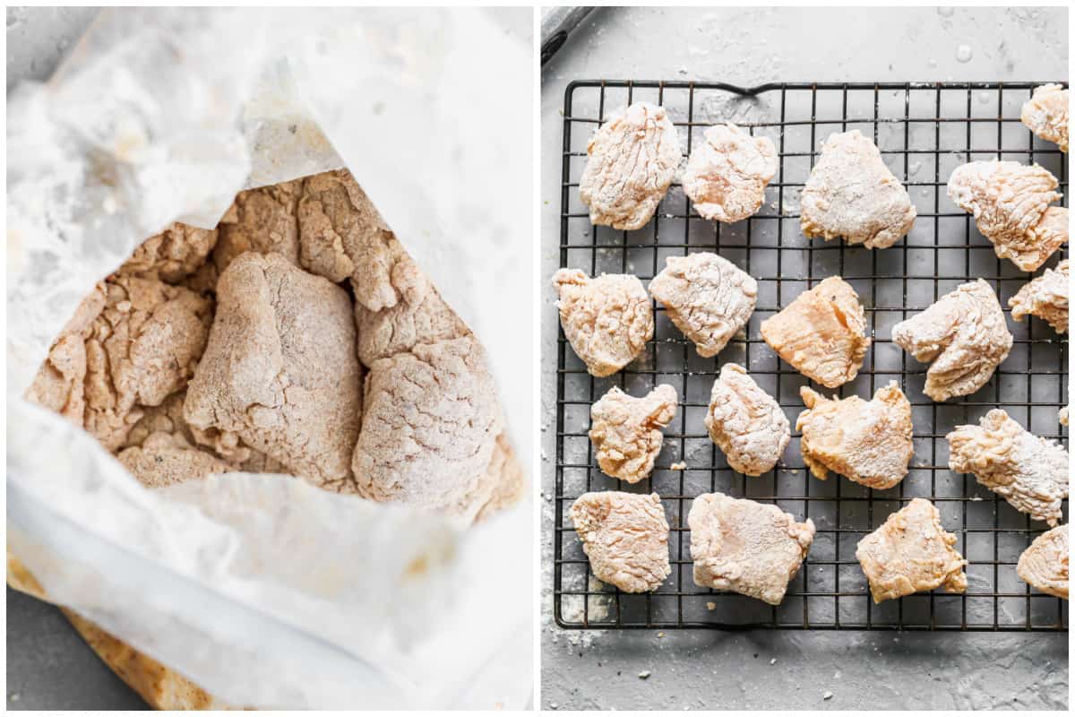 Two images showing pieces of chicken coated in a flour mixture then placed on a wire rack to prepare to be cooked in the air fryer.