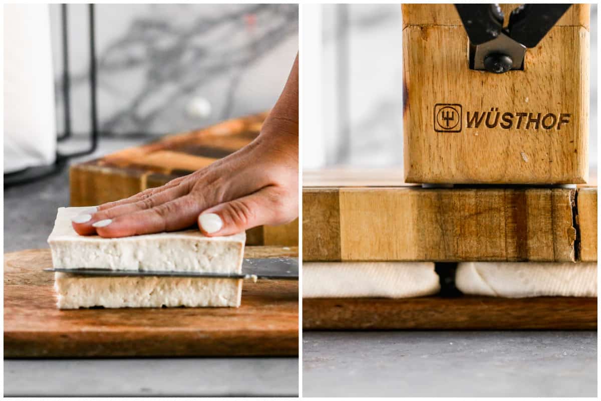 Two images showing how to press tofu with just a cutting board and paper towels. 