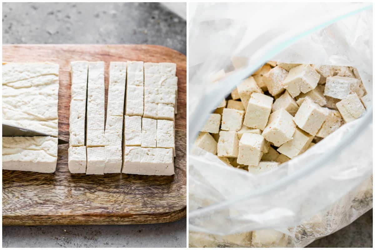 Two images showing pressed tofu being cut into cubes and then put in a bag with seasoning to make easy air fryer tofu nuggets.