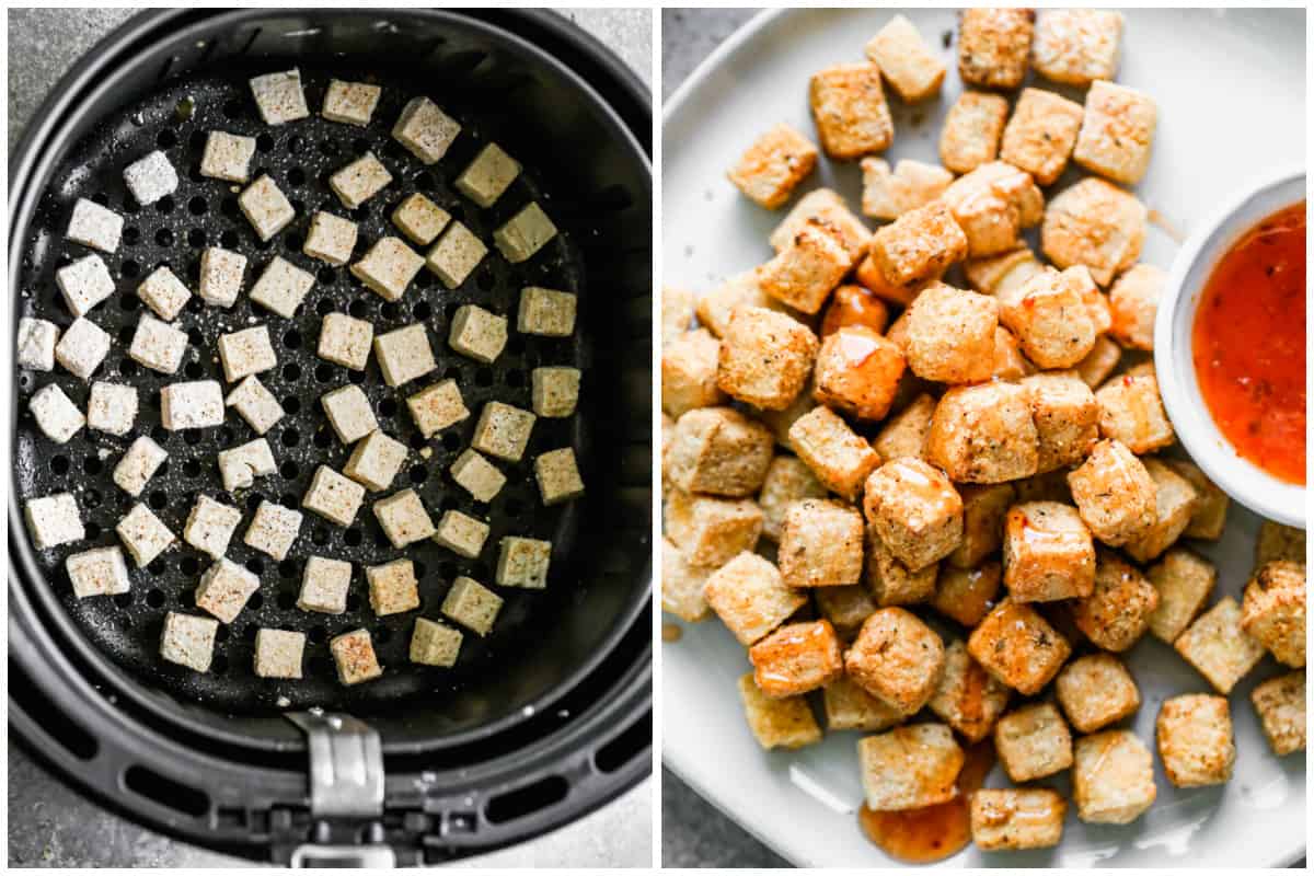 Two images showing how to make tofu crispy by using an air fryer, then after they are golden, crispy, and ready to eat.