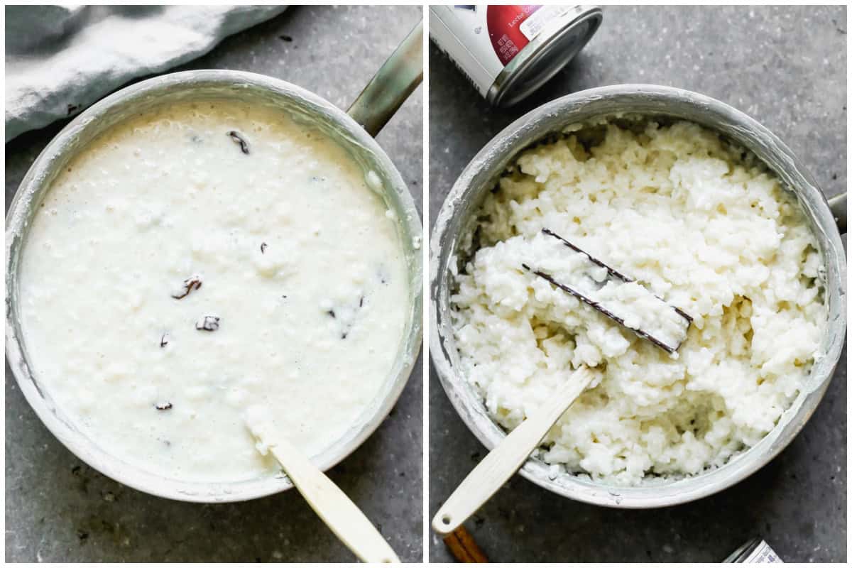 Two images showing how to make arroz con leche by simmering the ingredients in a saucepan, before and after it's thickened.