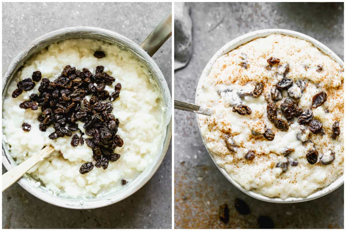 Two images showing raisins being mixed into an easy arroz con leche recipe and then after it's done and ready to serve.