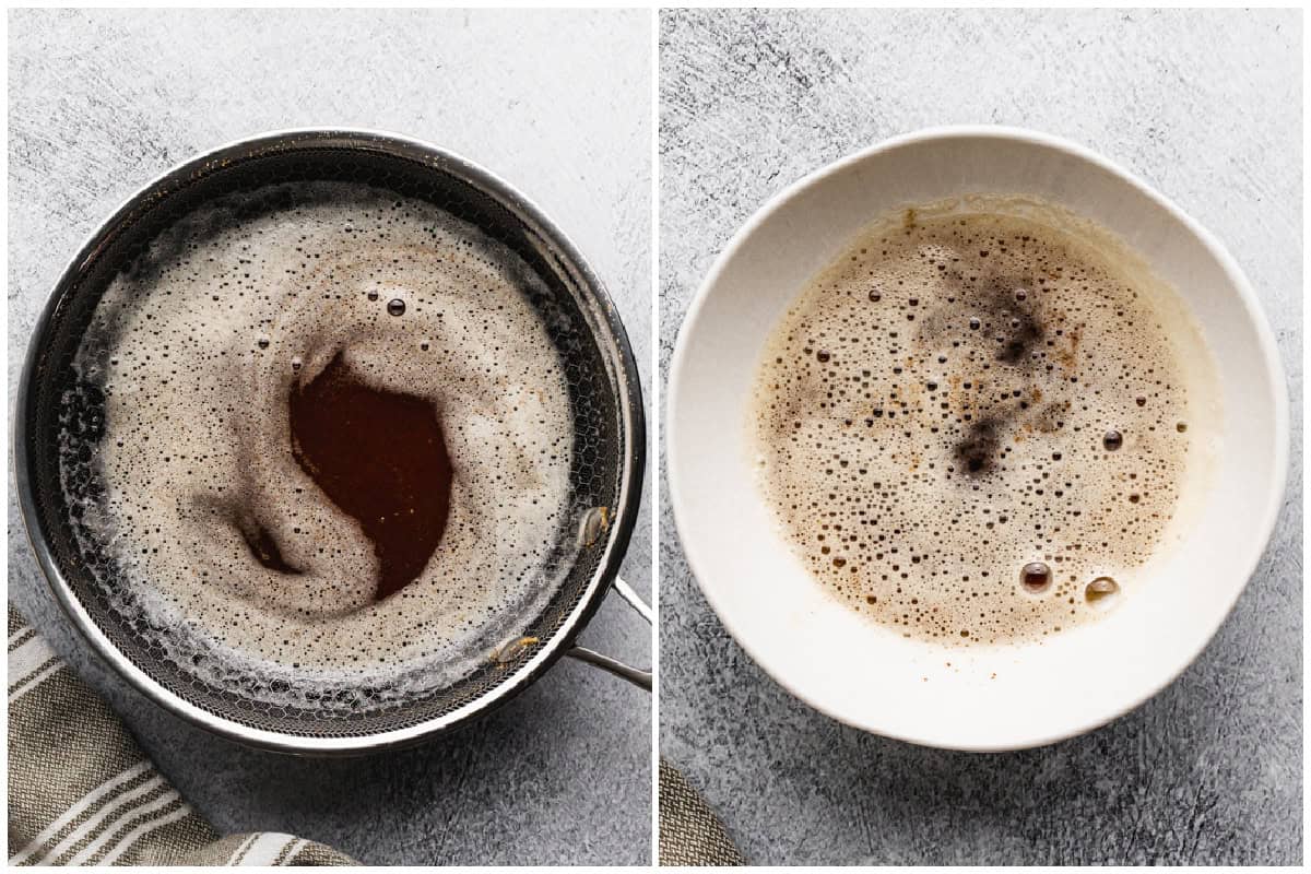 Two images showing how to brown butter in a pan, then after it's poured into a white bowl.