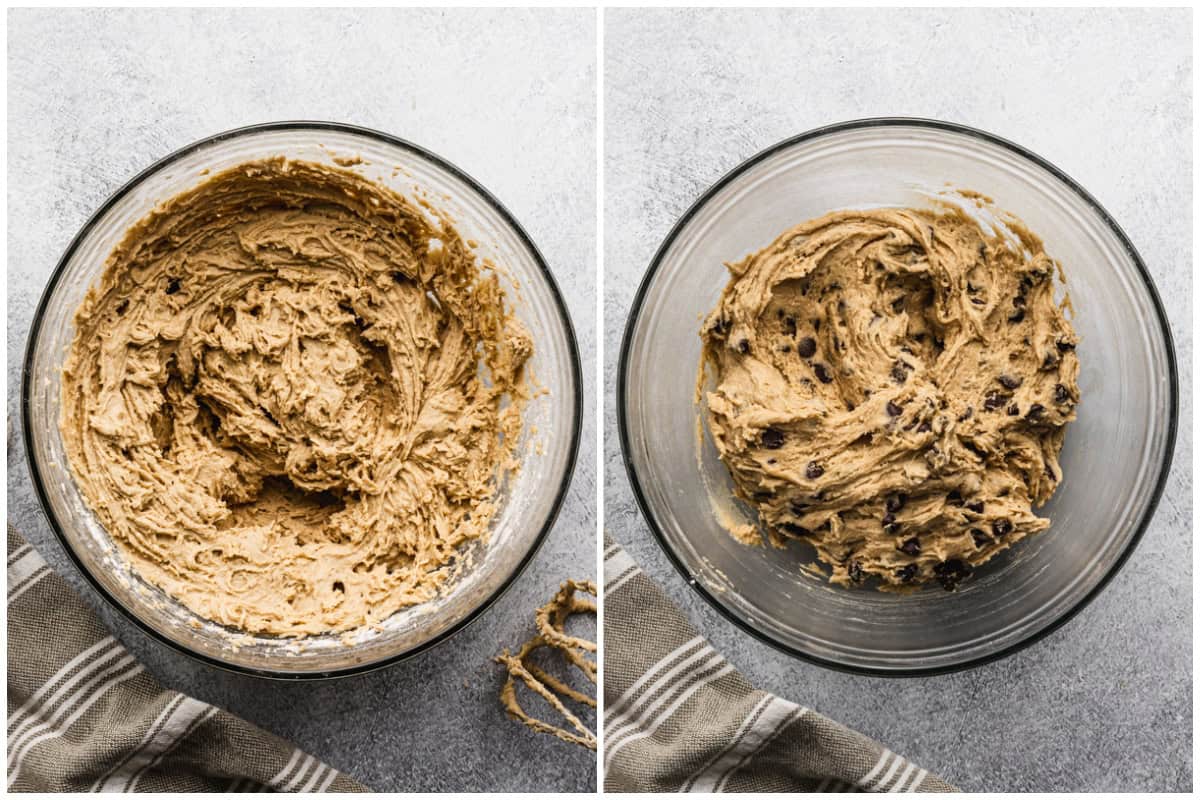 Two images showing how to make easy browned butter chocolate chip cookie dough before and after chocolate chips and chunks are added.