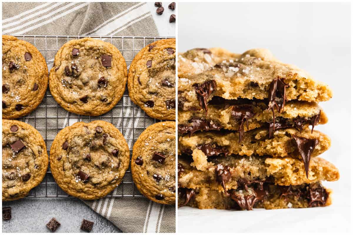Two images showing freshly baked chewy brown butter chocolate chip cookies on a wire rack, then some stacked and broken in half to show the melted chocolate chips.
