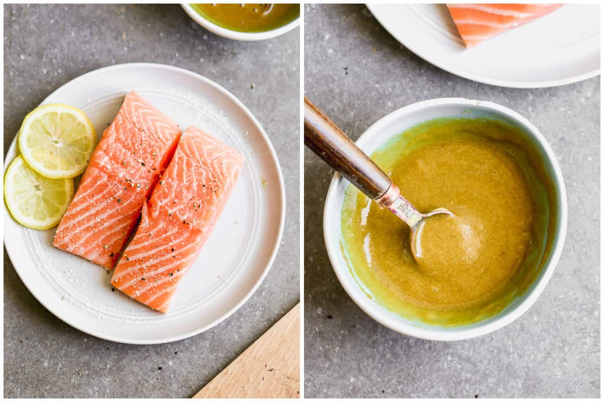 Two images showing two raw salmon filets on a plate with salt and pepper, then a bowl of brown sugar and mustard mixed together for a simple salmon glaze.