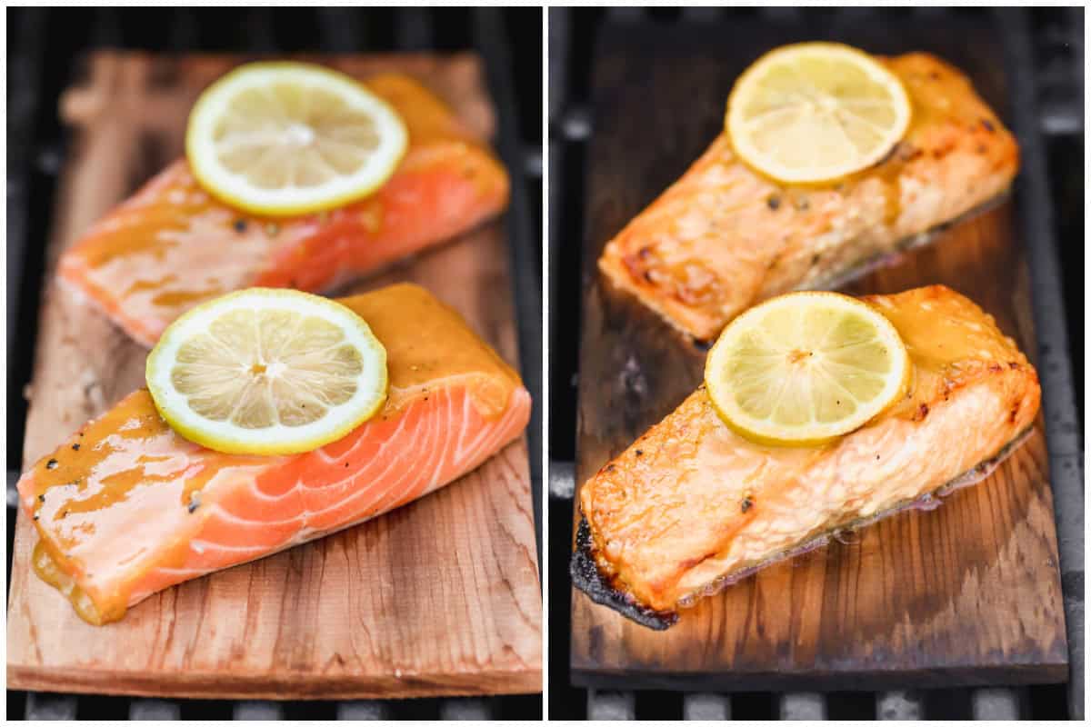 Two images showing easy Cedar Plank Salmon on grill before and after it's cooked.