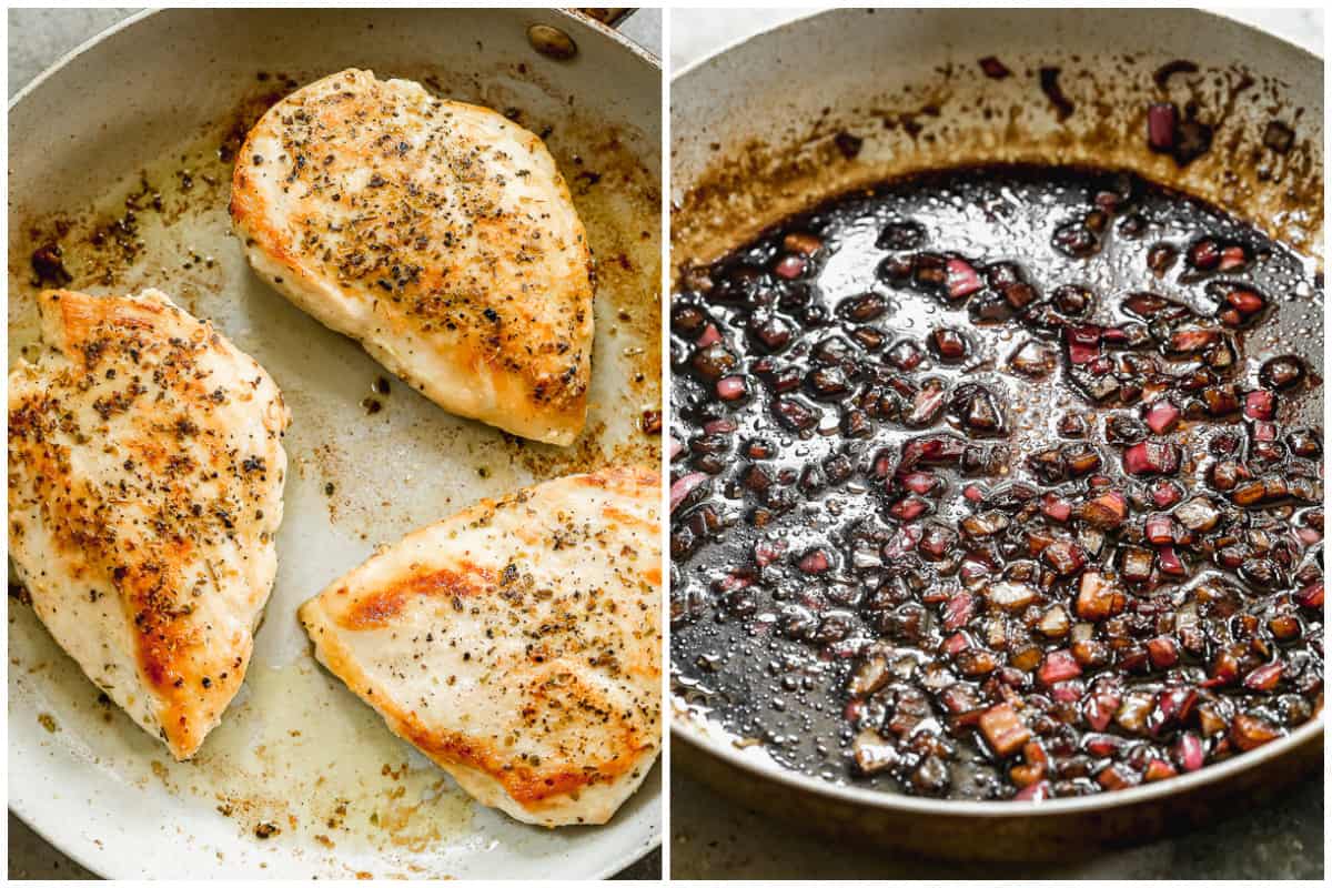 Two images showing seared chicken breasts in a pan, then a balsamic vinegar glaze to make an easy chicken caprese recipe.
