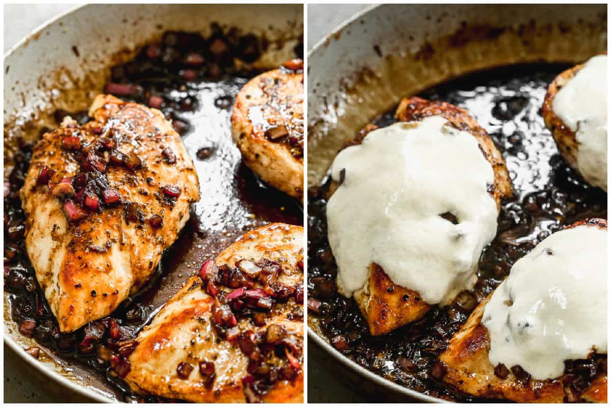 Two images showing the best chicken caprese recipe with chicken balsamic glaze over the chicken, then after mozzarella cheese is melted on top.