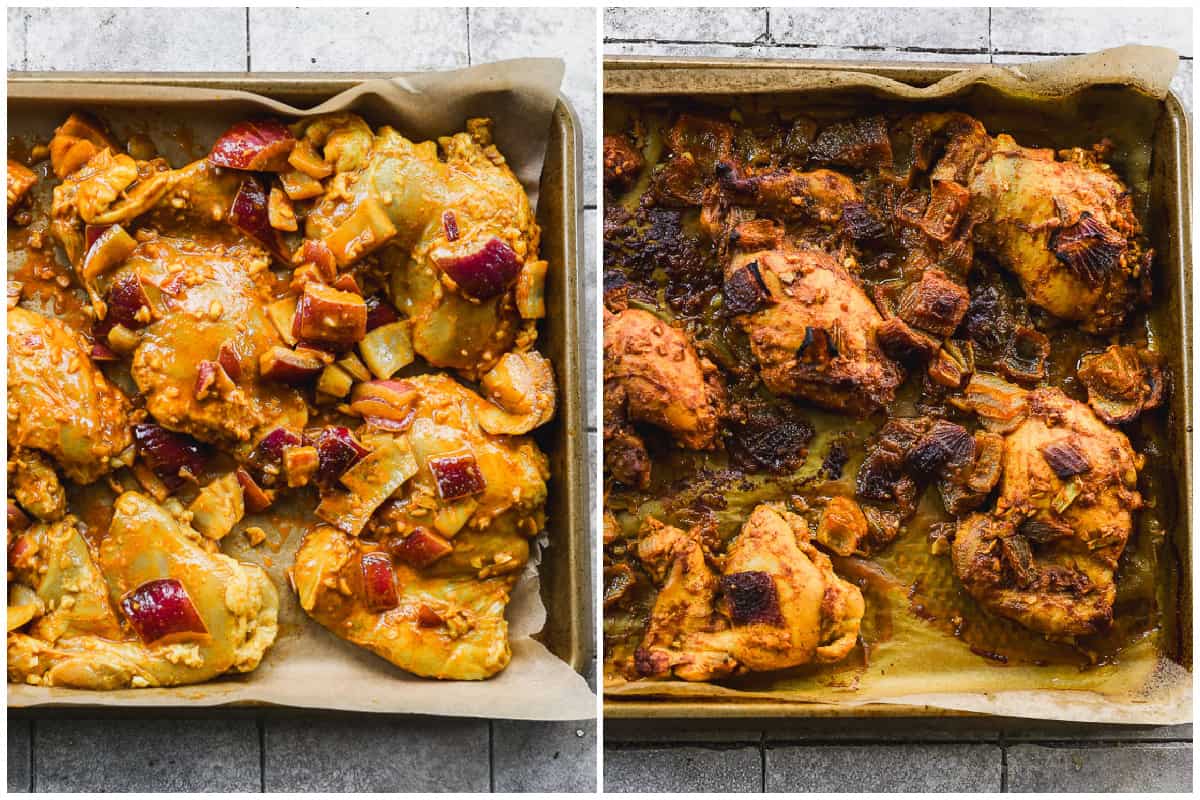 Two images showing Chicken Shawarma inspired chicken on a parchment lined baking sheet before and after it's baked.