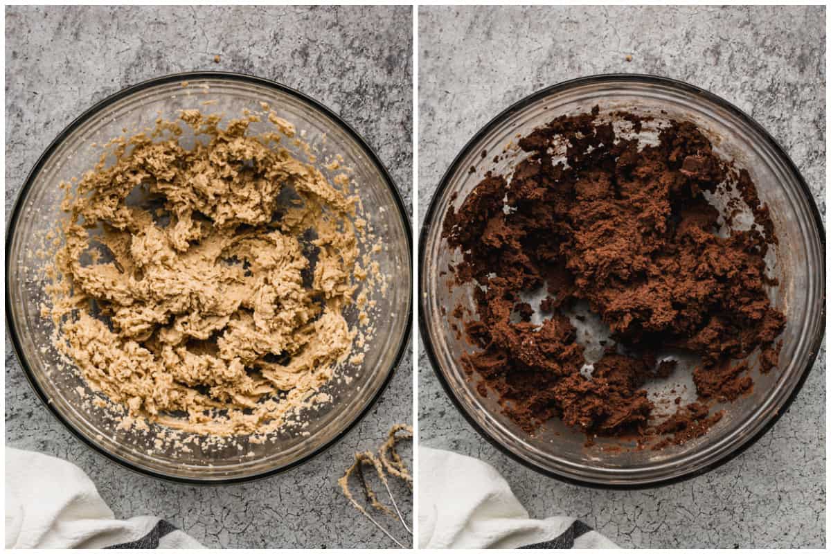 Two images showing how to make cookie dough for the best double chocolate chip cookie recipe. 