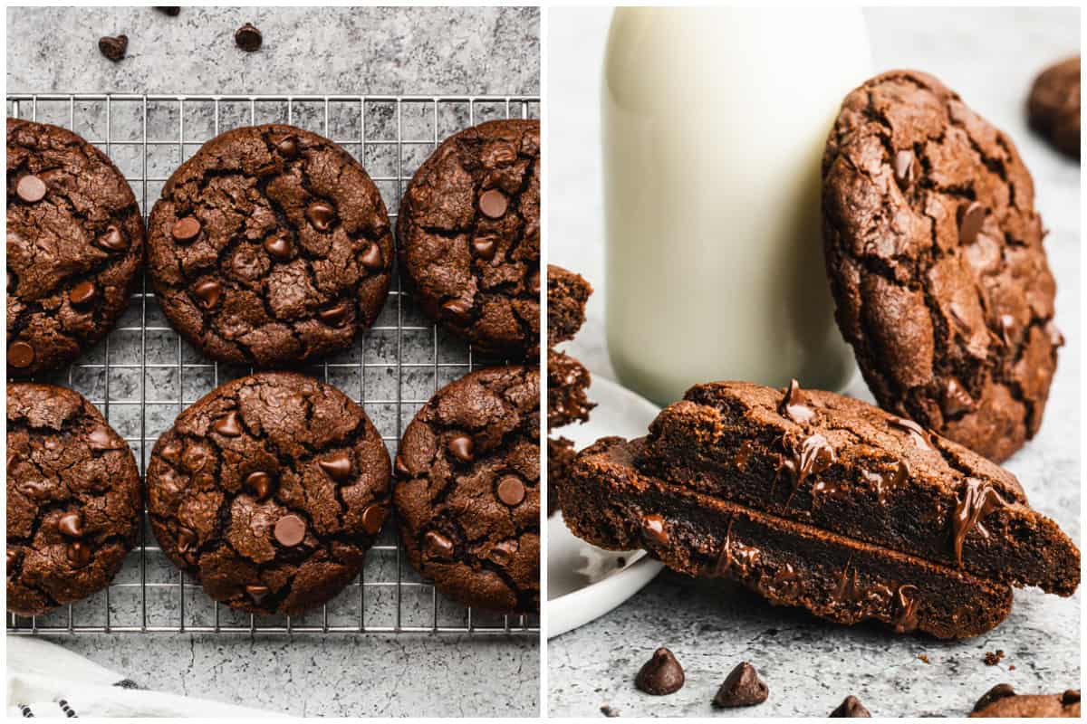 Two images showing Double Chocolate Cookies freshly baked on a cooling rack and with one of them broken in half to show the soft interior. 
