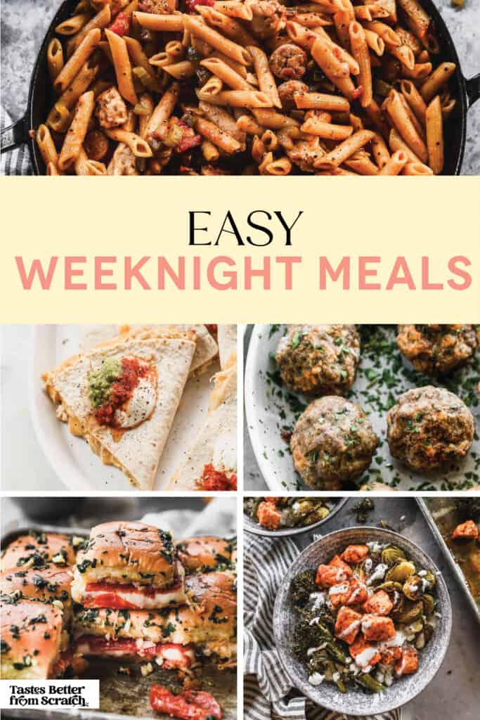 A collage of 5 easy weeknight recipes.