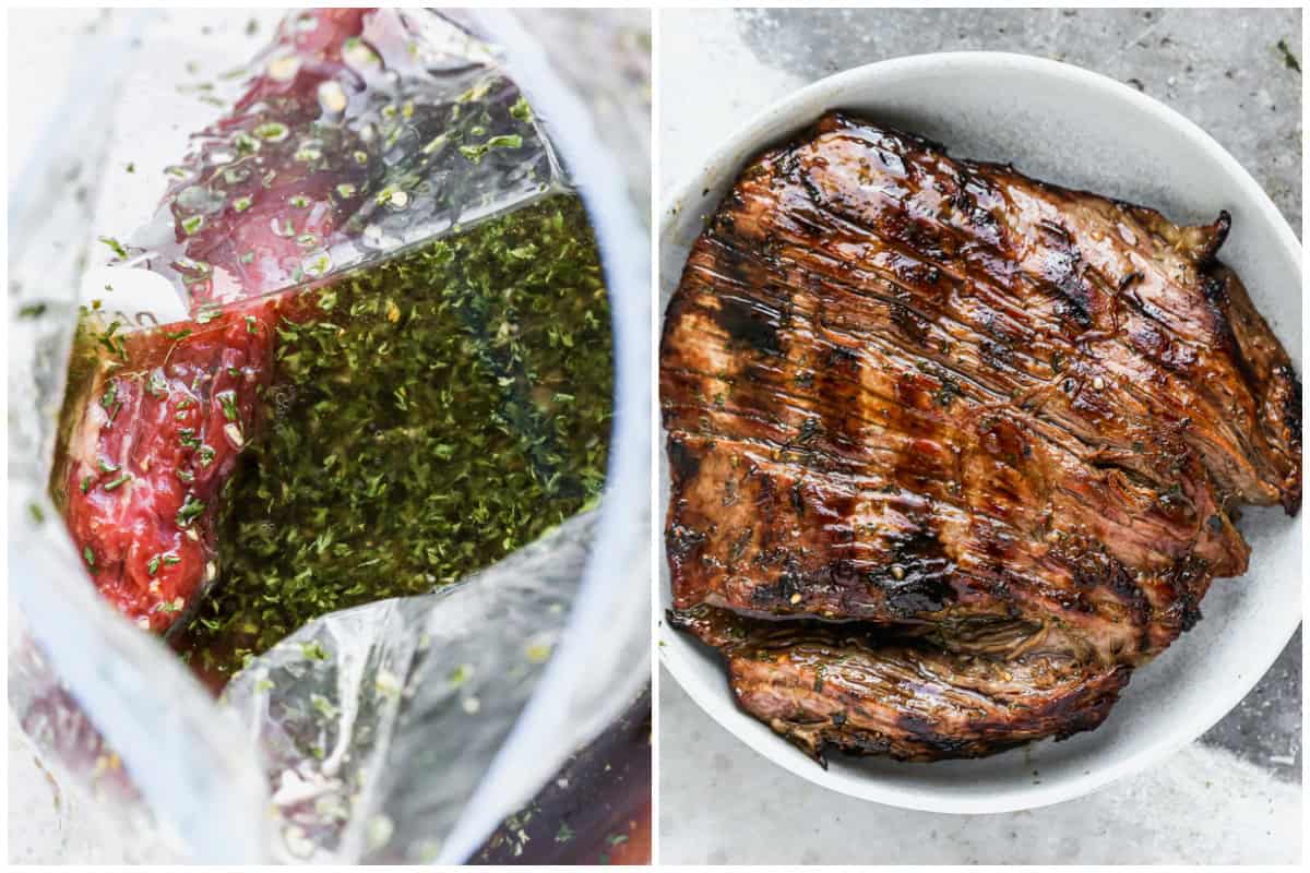 Two images showing a simple flank steak marinade in a ziploc bag and then after the steak is freshly grilled.