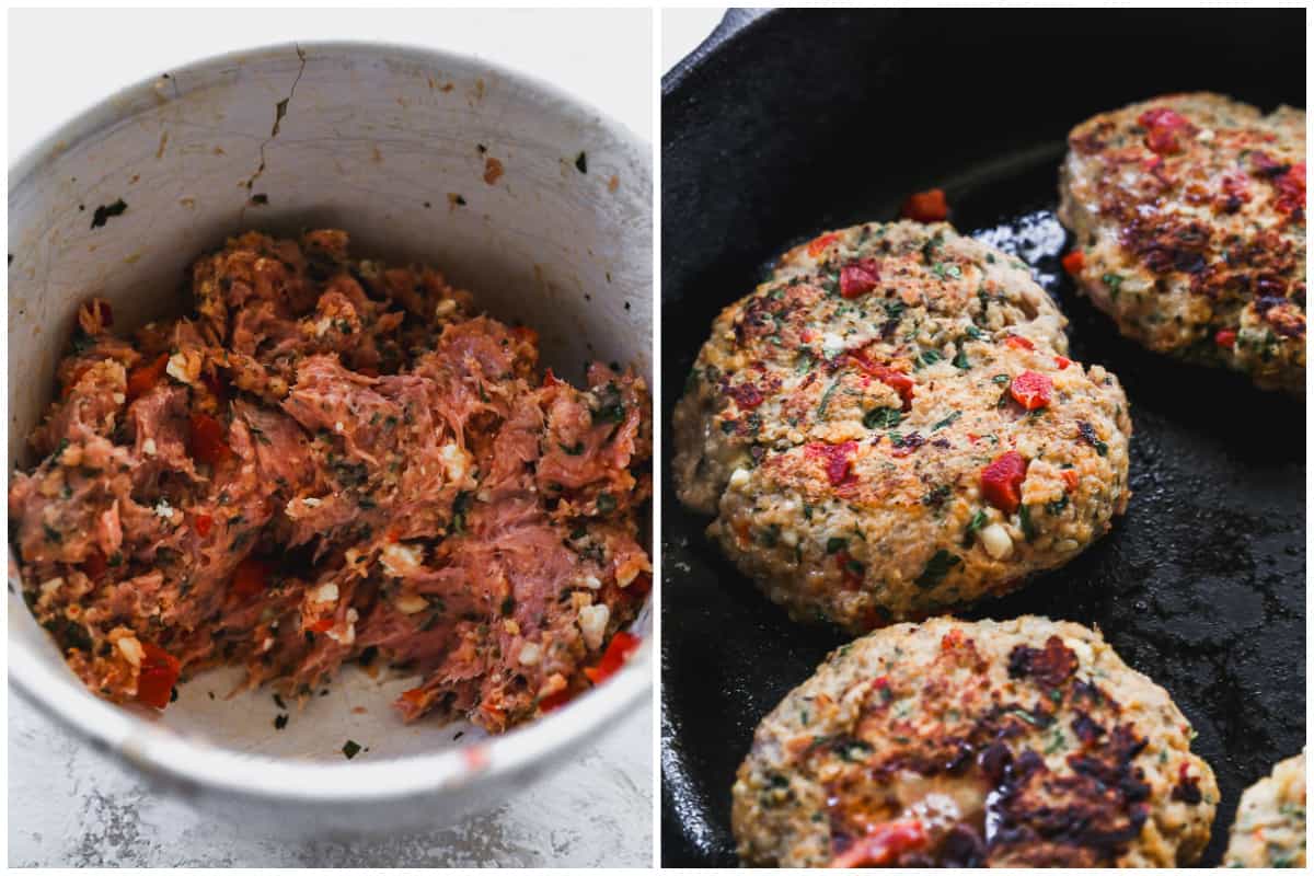 Two images showing how to make greek burger patties by combining the ingredients then forming and cooking the patties.