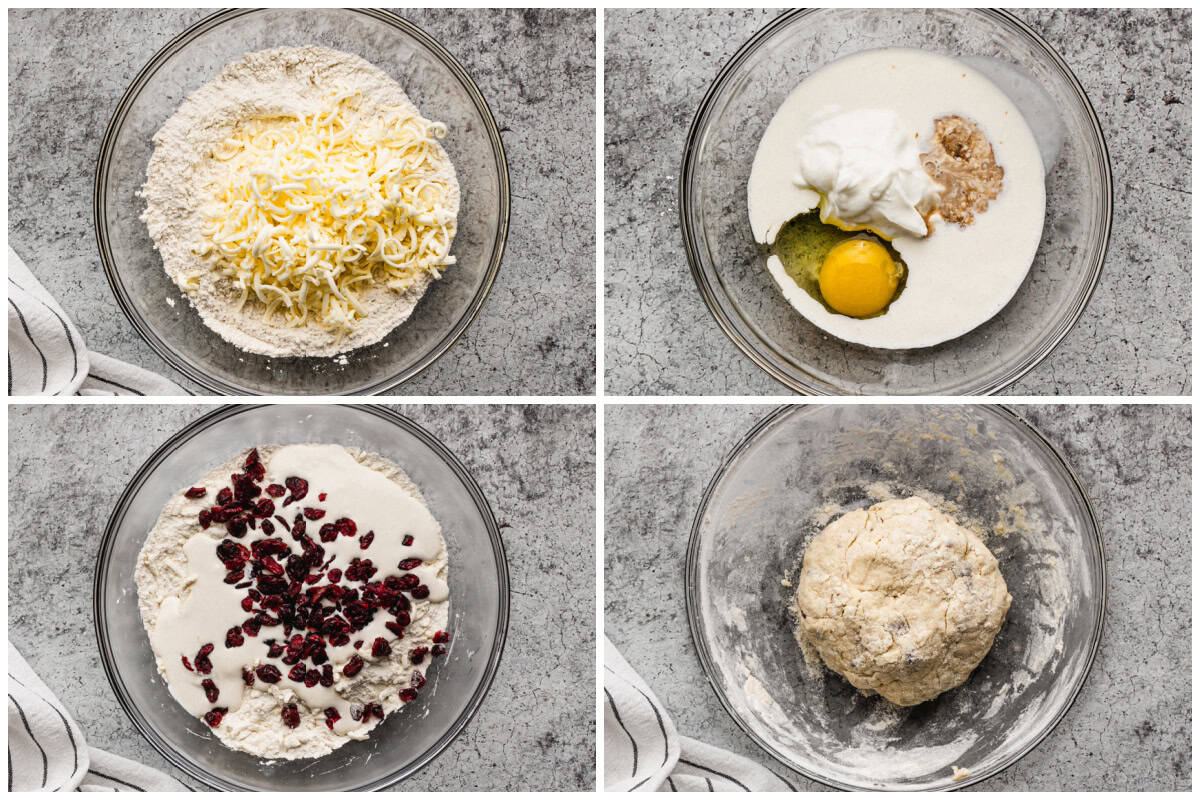 Four images showing how to make scones step by step by combining the dry ingredients, adding the wet ingredients, and incorporating the mix-ins.
