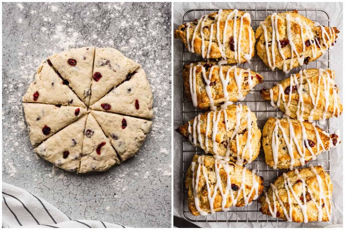 Two images showing a soft scones recipe with craisins before and after they are baked.