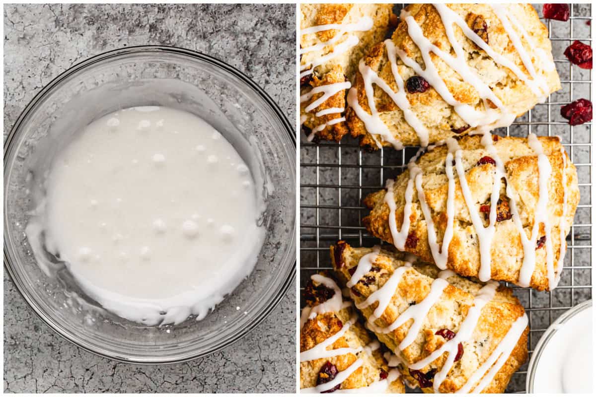 Two images showing a homemade simple glaze then after the glaze is drizzled on top of the best scones recipe.