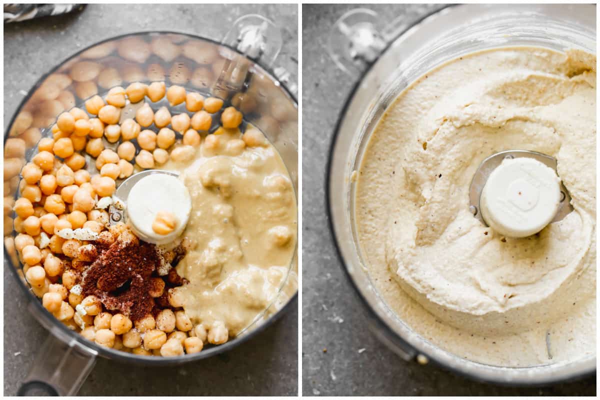 Two images showing how to make hummus with a food processor, before and after it's blended.