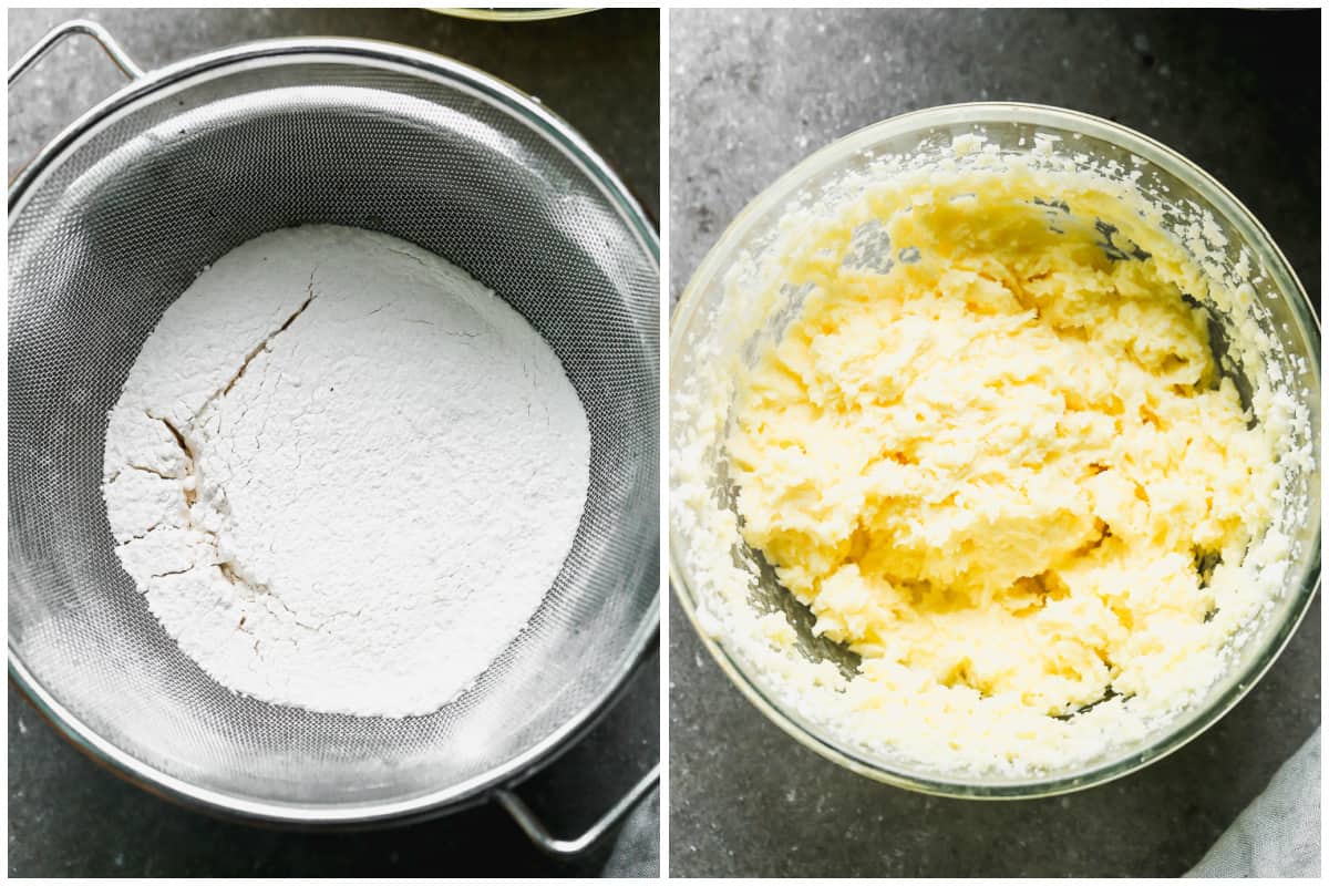 Two images showing a flour mixture being sifted and butter and sugar mixed together in a bowl to make a homemade lemon cake recipe.