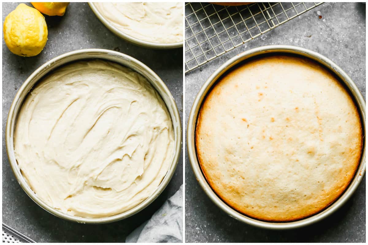 Two images showing a moist lemon cake recipe before and after the cake round is baked.