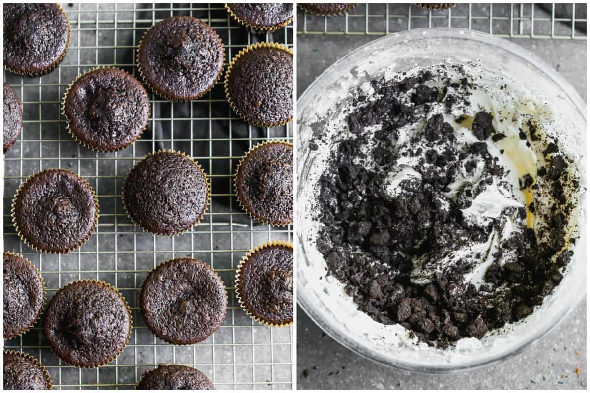 Two images showing how to make Oreo cupcakes by baking chocolate cupcakes, then making a homemade Oreo frosting.