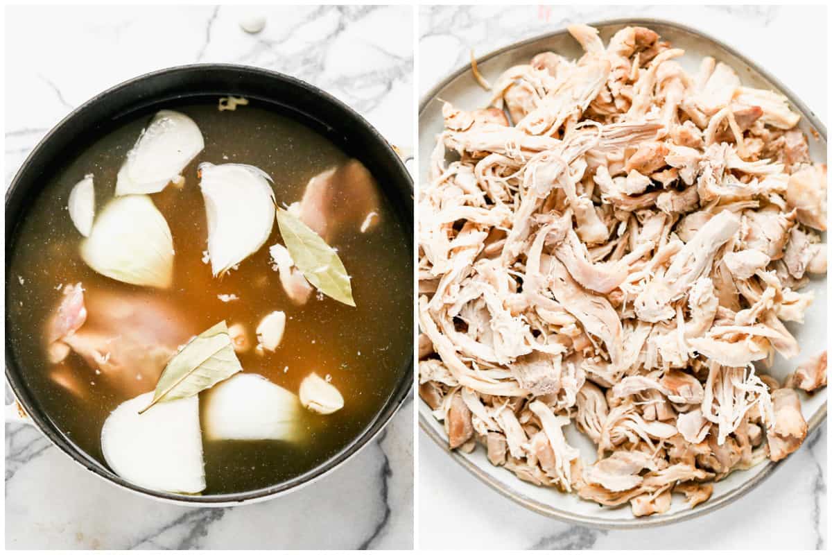Two images showing chicken boiling in a pot with onion and bay leaves, then after it's shredded for the best pozole verde recipe.