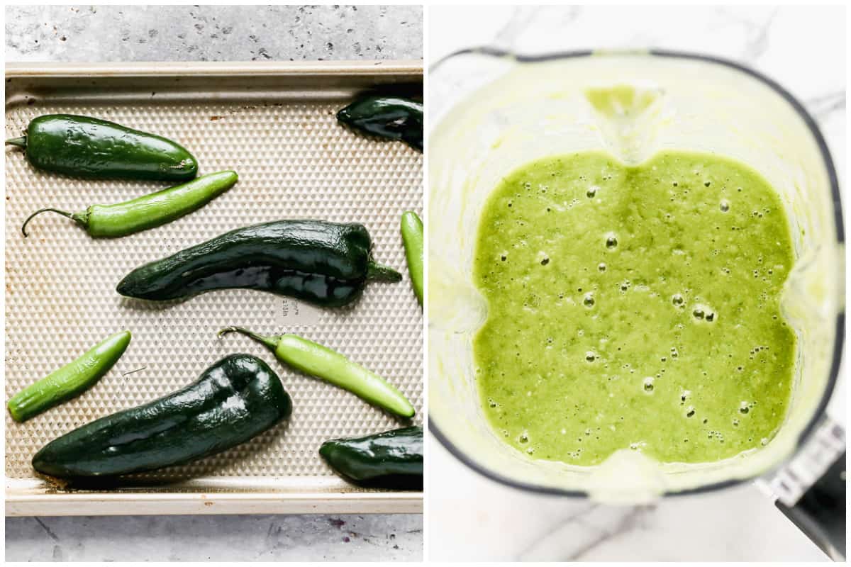 Two images showing blistered peppers that just came out of the onion on a baking sheet, then after it's blended into a verde sauce in the blender.