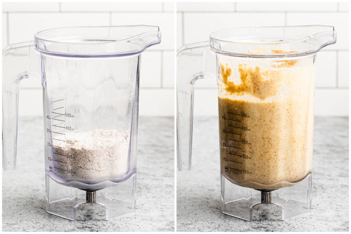 Two images showing how to make protein waffles by blending oats then combining the rest of the ingredients to make an easy protein waffles recipe. 