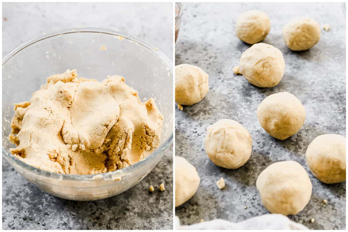 Two images showing pupusas dough after it's made, then when it's portioned and rolled into balls.