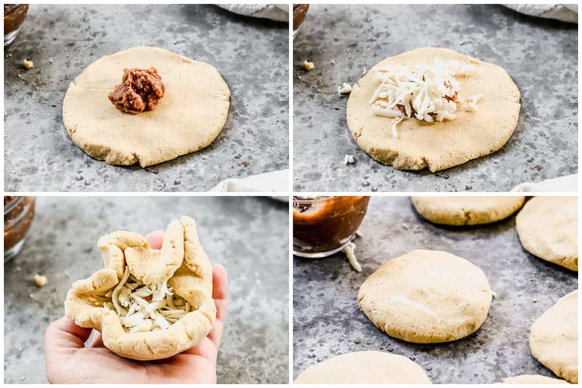 Four images showing how to form and fill pupusas.