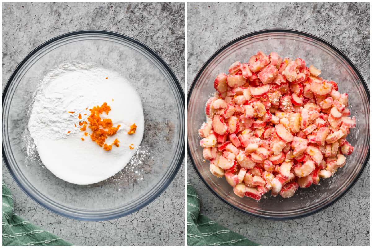 Two images showing a glass bowl with sugar, tapioca flour, and orange zest. 