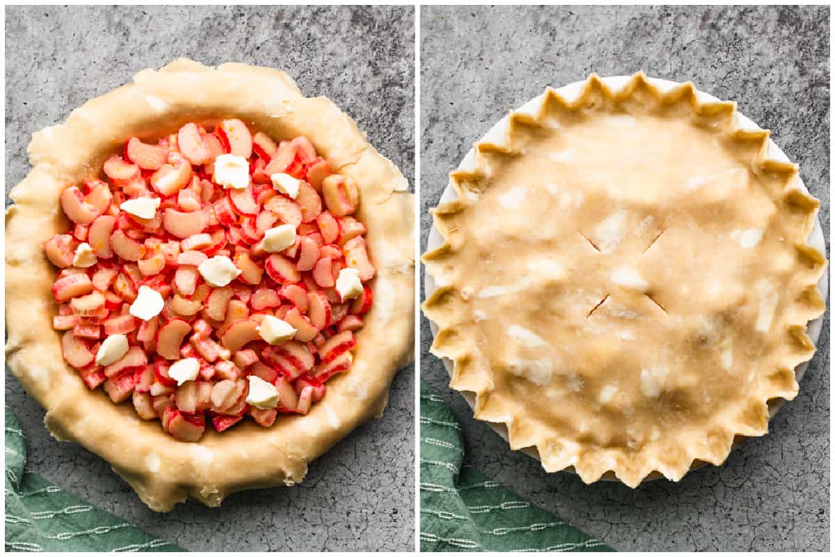 Two images showing a rhubarb pie filling in a pie crust before and after it's covered with the top crust and fluted edges done.