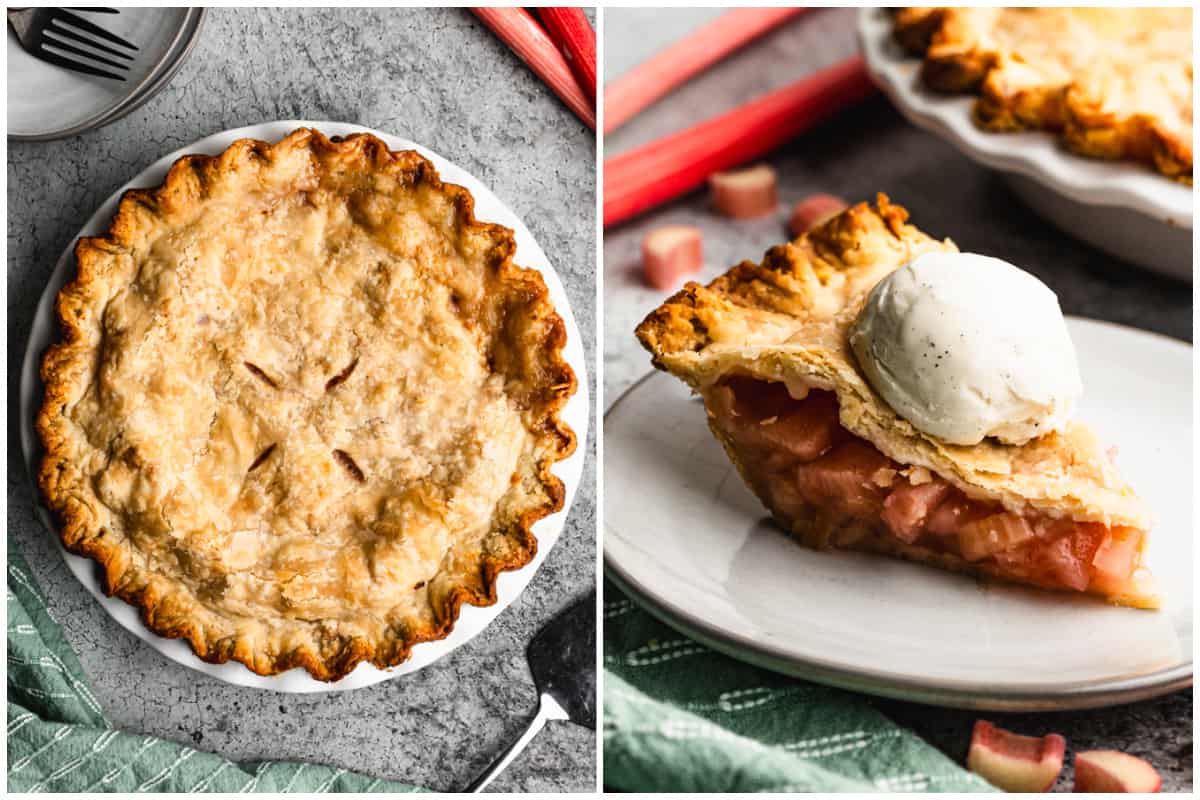 Two images showing the best rhubarb pie recipe after it's baked, and then a slice on a plate with a scoop of vanilla ice cream on top. 