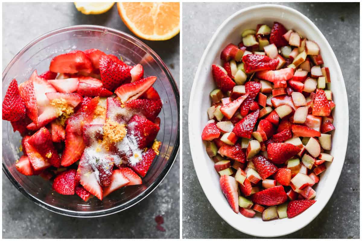 Two process photos of the ingredients for rhubarb in a mixing bowl, then added to a baking dish.