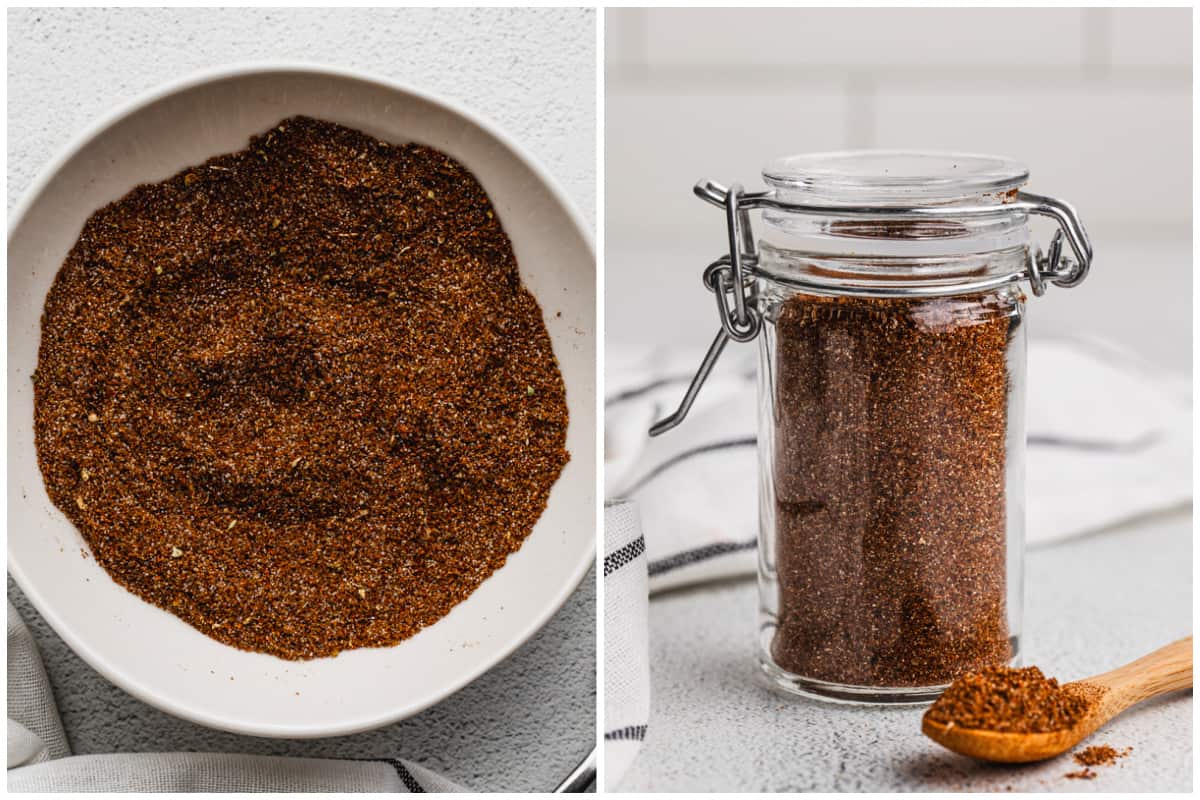 Two images showing easy taco seasoning with all the spices stirred together in a bowl, then after it's in a spice jar with a scoop of seasoning in a teaspoon.
