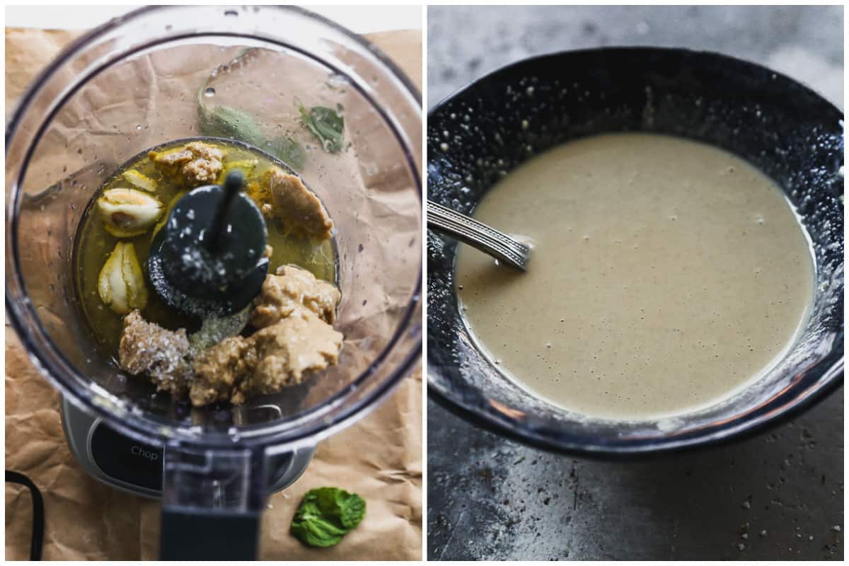 Two images showing how to make tahini sauce with a food processor then after it's thinned and in a bowl.