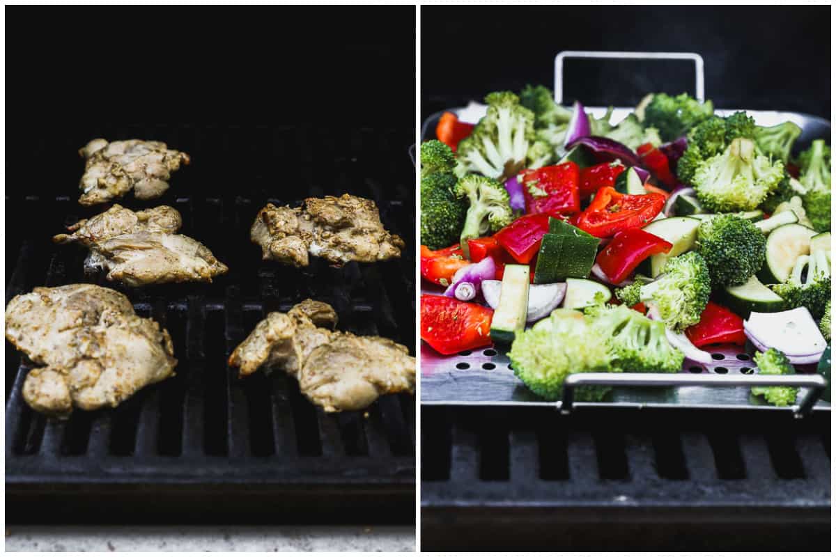 Two images showing tahini chicken thighs being grilled and broccoli, zucchini, red bell pepper, and onion being cooked on a grill basket.