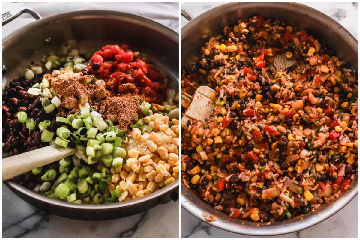 Two images showing how to make vegetarian stuffed peppers by cooking the mixture of rice, beans, and veggies.