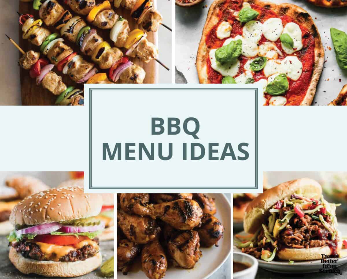 A collage image showing 5 images for the main dish for bbq party menu ideas.