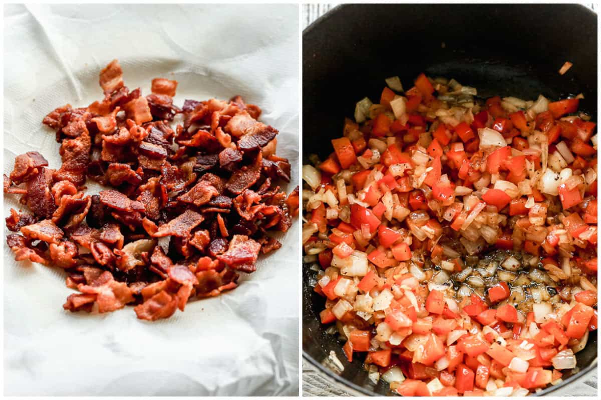 Two images showing pieces of cooked bacon on a paper towel, and onions and bell peppers being sautéed in pan to make the best baked beans recipe.