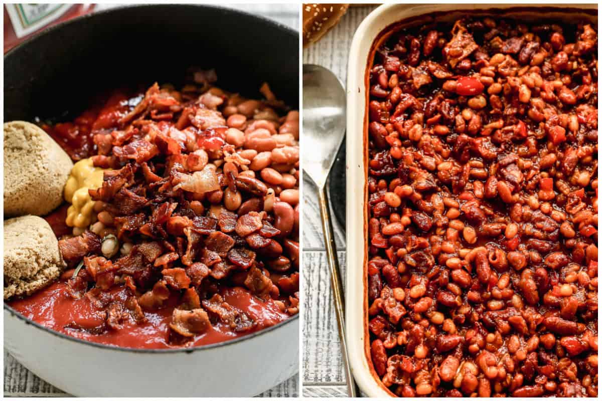 Two images showing how to make baked beans by combining everything in a pot, then baking it in a pan. 