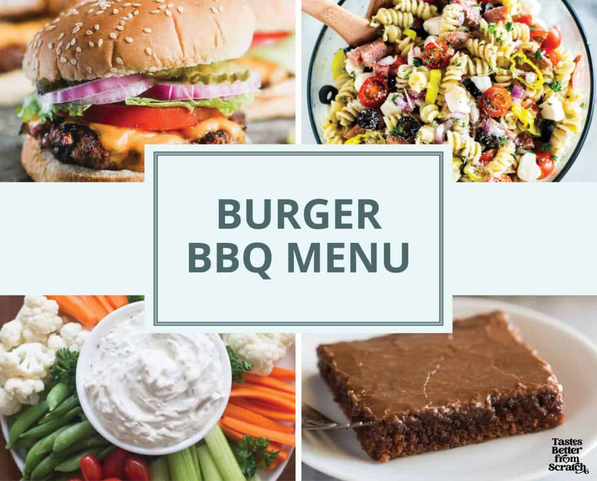 A collage image showing a simple bbq menu idea with burgers, Italian pasta salad, veggies and dip, and texas sheet cake for dessert. 