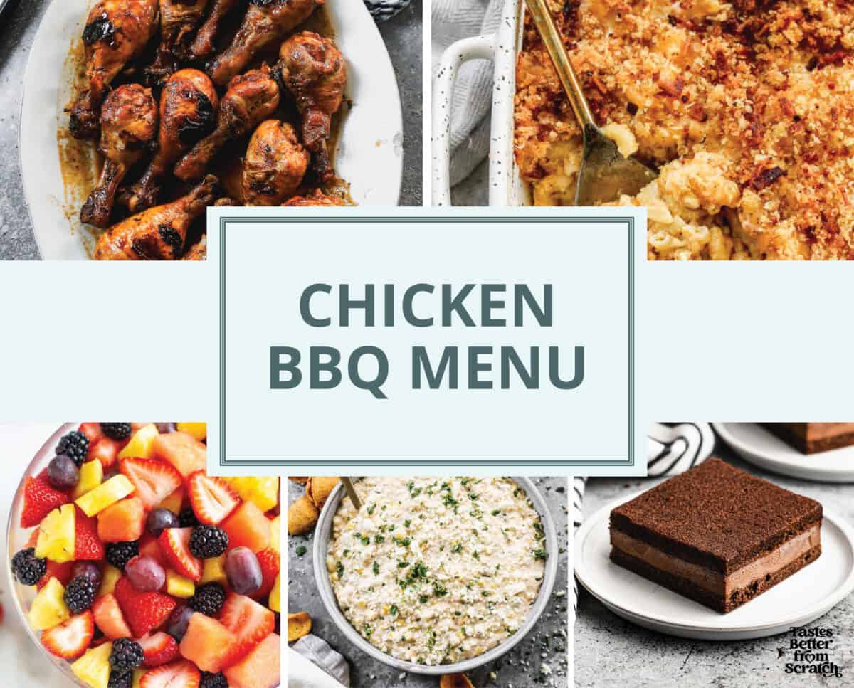 A collage image highlighting BBQ Chicken Drumsticks, baked mac and cheese, fruit, and homemade ice cream sandwiches for dessert. 