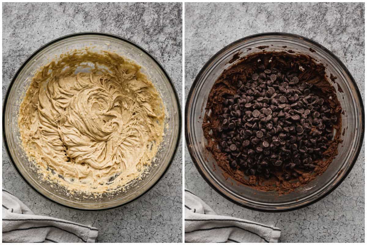 Two images showing chocolate crinkle cookie dough before and after the chocolate is added.