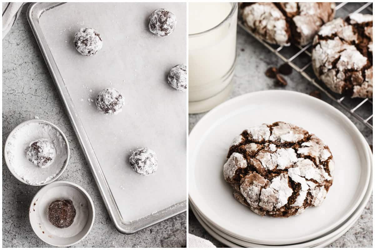 Two images showing chocolate crinkle cookies before and after they are baked.